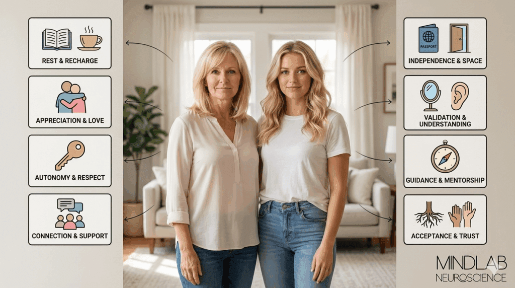 Mother and daughter standing together with infographic showing different needs including appreciation, autonomy, validation, connection, guidance, and trust in neuroscience of mother daughter relationship dynamics.