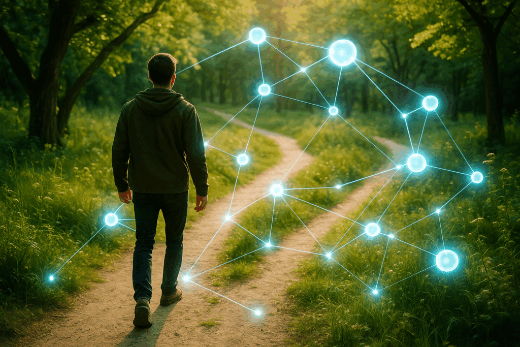 Man on a forest path with neural network overlay, illustrating the neuroscience of novelty.