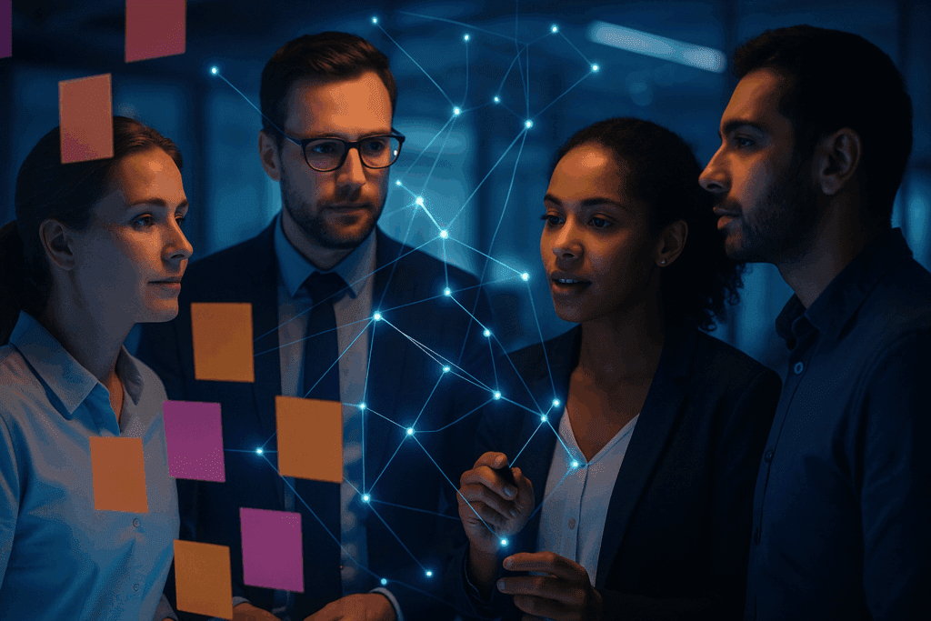 Team brainstorming with sticky notes and neural lines, visualizing the neuroscience of novelty at work.