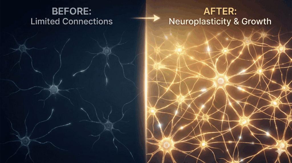 Sparse, dim neurons transforming to dense golden networks, showing neuroplasticity in the neuroscience of suicidal ideation.