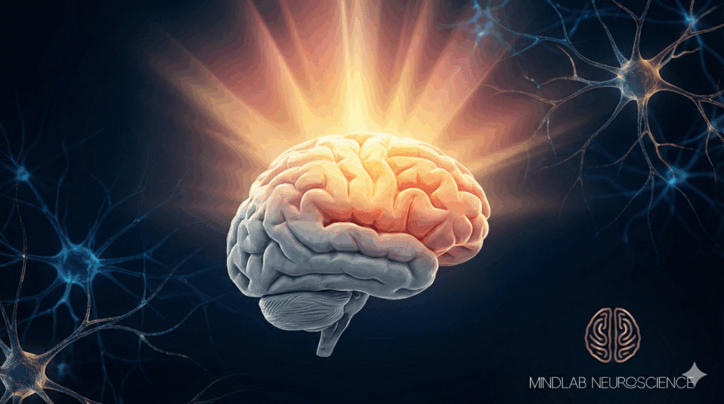 The illustration depicts a glowing brain with a radiant cortex in warm golden tones, illustrating the neural networks involved in the neuroscience of suicidal ideation.