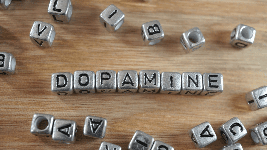 Metal letter cubes spelling "dopamine" on wooden surface with scattered dice, symbolizing the strategic choices involved in dopamine reset using neuroscience-based approaches.

