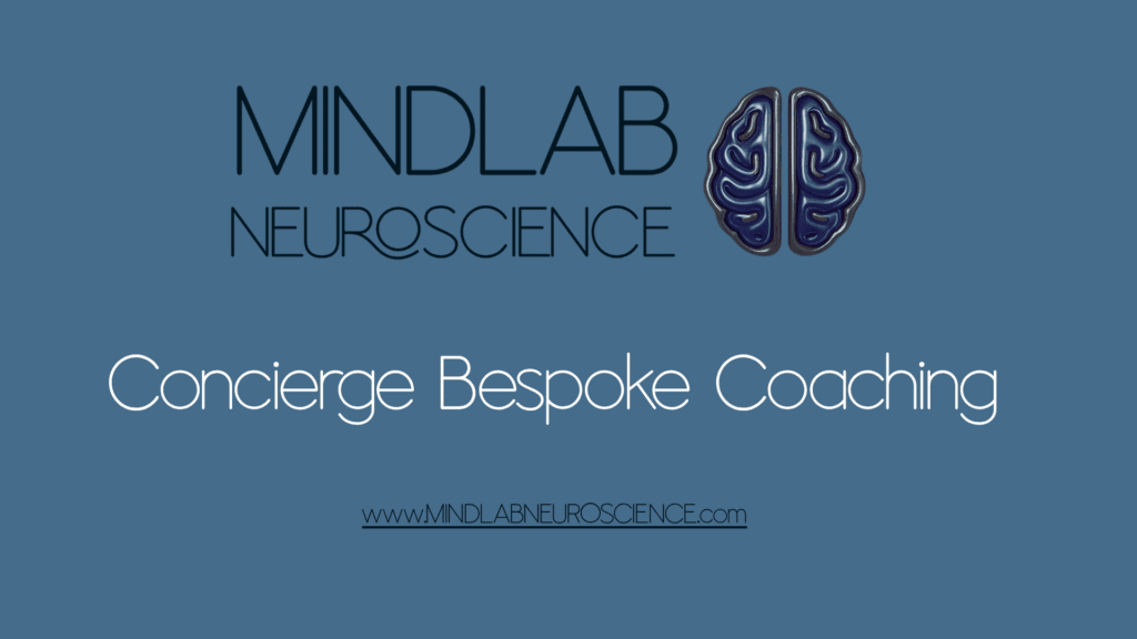 MindLAB Neuroscience logo with brain icon and “Concierge Bespoke Coaching,” linking to the neuroscience of novelty.