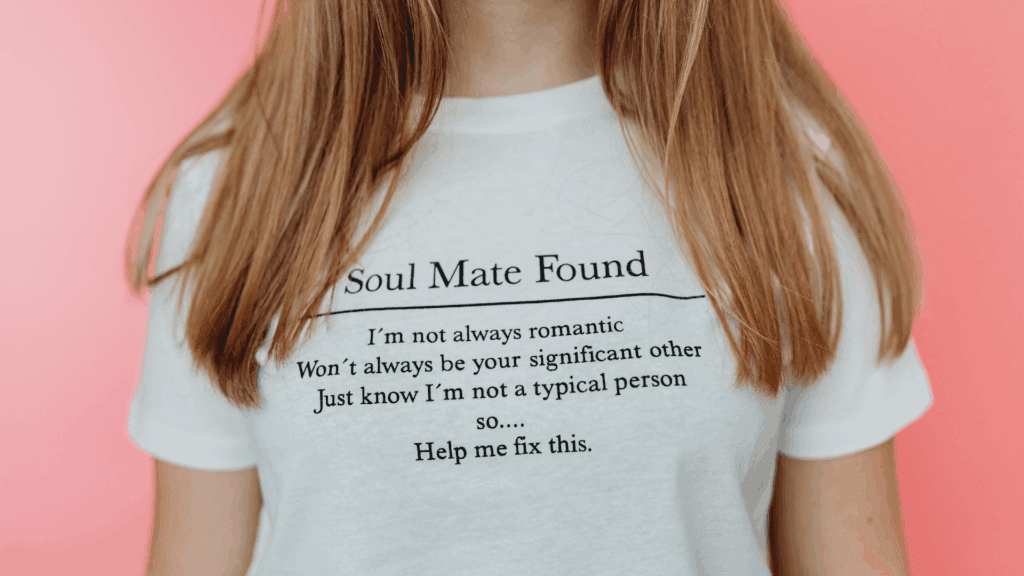 Woman wearing a “Soul Mate Found” T-shirt, reflecting honest communication in sexual compulsivity recovery.
