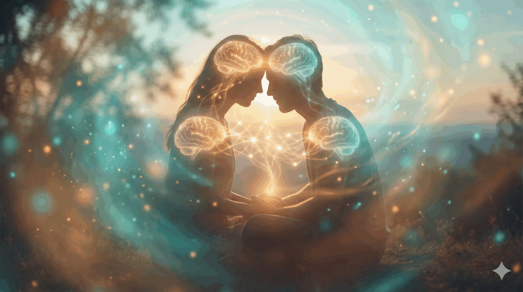 Two people with glowing connected brains in light, showing connection in the neuroscience of suicidal ideation healing.