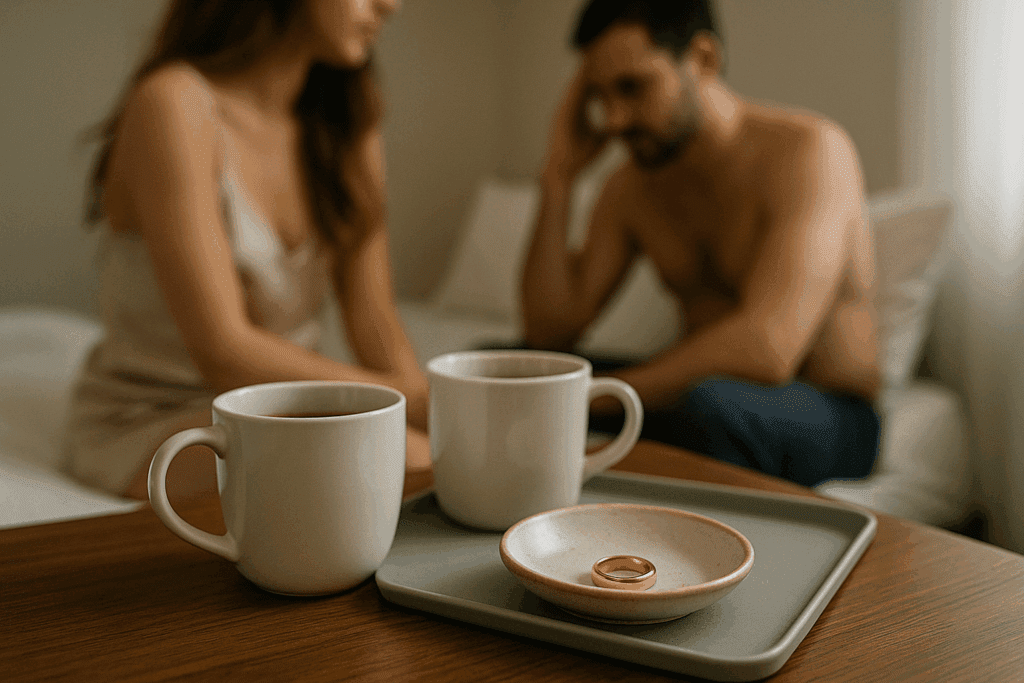 Close-up of coffee cups on table with couple in background on bed, symbolizing the betrayal and emotional consequences of dopamine and infidelity in committed relationships.





