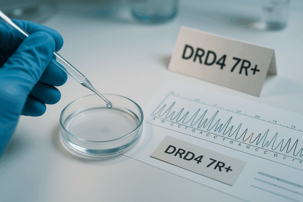 Laboratory technician holding pipette over DNA sample with DRD4 7R+ genetic variant label visible on documentation, representing dopamine and infidelity genetic research.