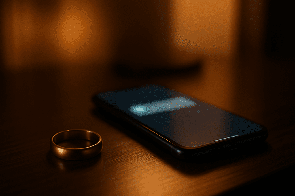 Wedding ring separated from smartphone on wooden table, symbolizing the tension between committed relationships and digital temptation in dopamine and infidelity scenarios.