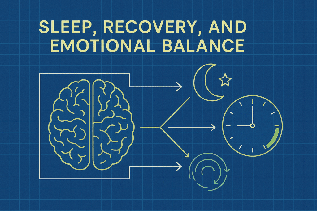 Diagram illustrating how sleep impacts neuroscience of happiness showing brain connected to nighttime moon, clock, and recovery cycle elements.
