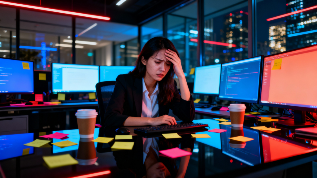Young professional woman at desk surrounded by multiple glowing computer screens, stressed expression, hand on forehead