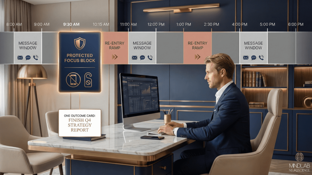 Professional man using protected focus blocks with message windows and re-entry ramps throughout his day, demonstrating structured deep work and digital boundaries for sustained attention.
