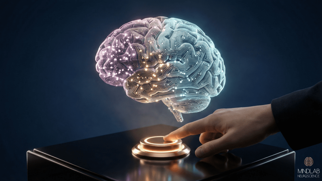 Anxious brain rendered as a glowing circuit-board hologram, with a hand pressing a round button below as if activating or rewiring the brain’s neural pathways.
