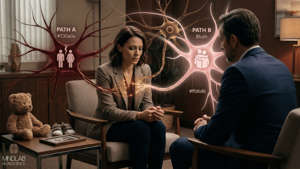 Therapy scene with two neural paths showing evolutionary neuroscience of self-hatred from threat to soothing.