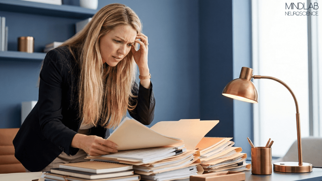A woman sits at her desk, overwhelmed by stacks of paperwork, with her head in her hand, symbolizing time blindness, the failure of time optimism, and the underestimation of project duration.