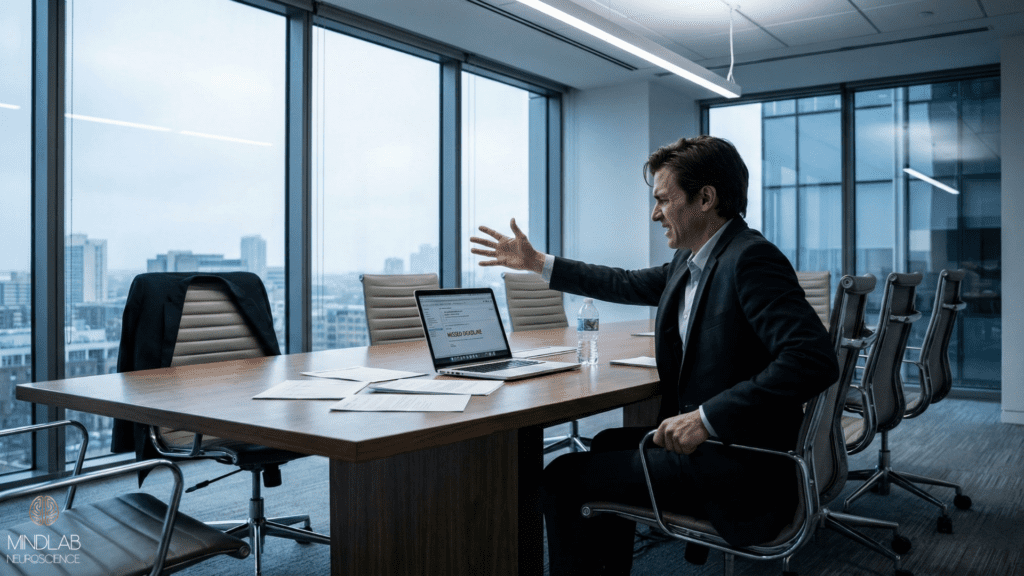 Frustrated professional gesturing alone in a glass-walled boardroom, illustrating workplace rupture in How to Remember to Forget: The Neuroscience of Forgiveness.