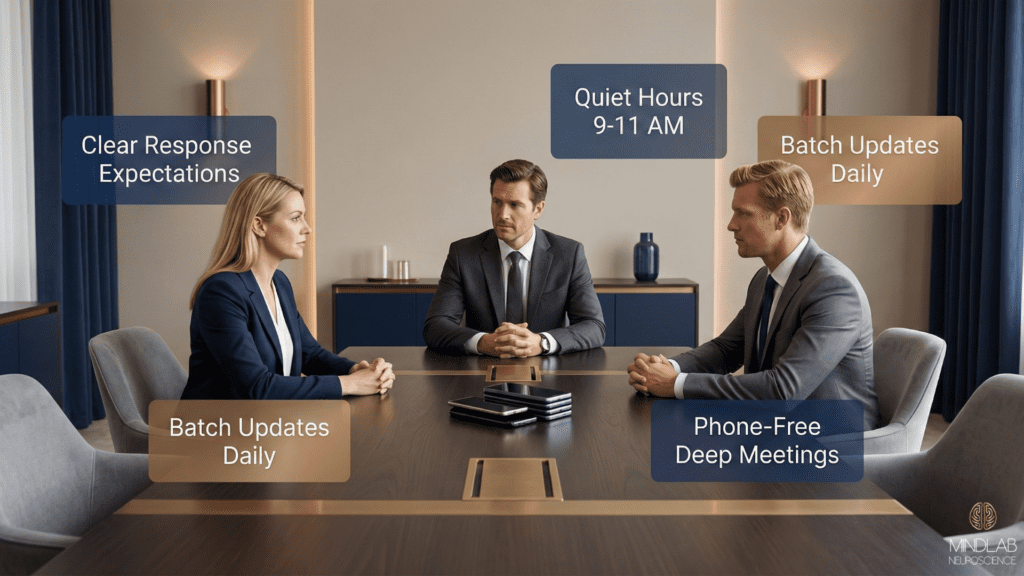 Team meeting demonstrating organizational agreements for focus protection including clear response expectations, designated quiet hours from 9-11 AM, batch updates scheduled daily, and phone-free deep meetings to combat digital exhaustion.