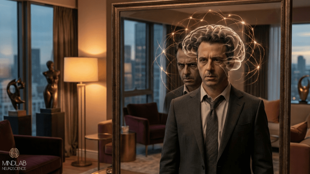 Man in suit stares into mirror, distressed reflection and brain glow visualizing evolutionary neuroscience of self-hatred.