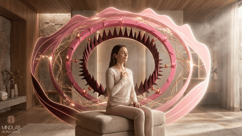 Woman self-soothes, hand on heart, as calming neural ring glows, illustrating the evolutionary neuroscience of self-hatred.