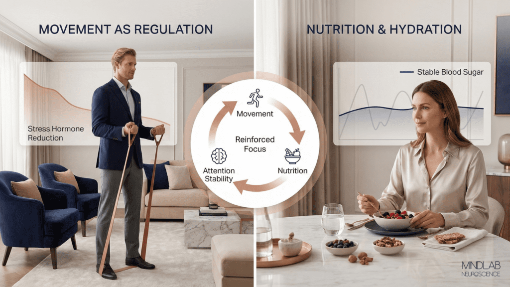 Complementary strategies for reversing digital exhaustion showing movement with stress hormone reduction paired with stable nutrition and hydration for sustained blood sugar and reinforced focus capacity.