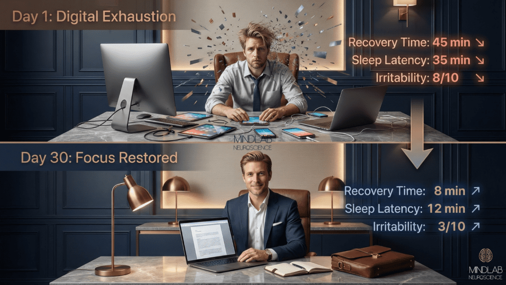 Nervous system regulation through breath work, tactile grounding, and movement practices transitions from activated stress state to regulated calm, restoring parasympathetic function depleted by digital exhaustion.