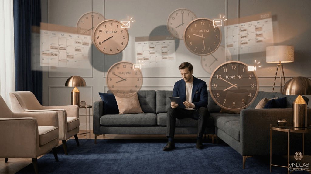 Professional man managing multiple calendar notifications, emails, and time blocks showing fragmented scheduling and attention loss from constant digital interruptions.