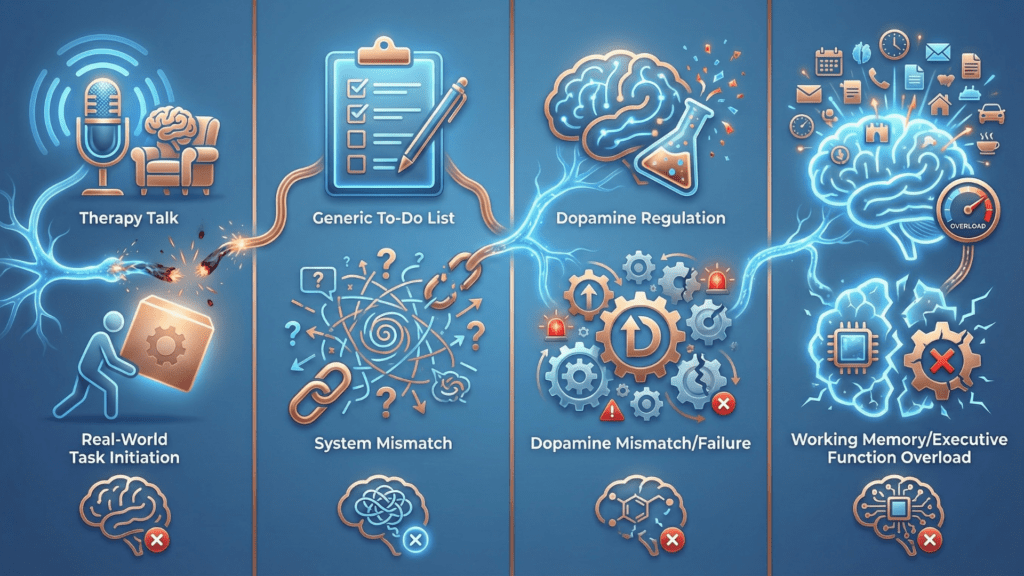 This is a brain illustration of neurodivergent coaching and compares normal neurotransmitter regulation with dysregulated states and cognitive processing overload scenarios.