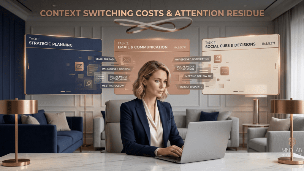 Professional woman managing three competing tasks showing context switching costs with unresolved email threads, decisions, notifications, and attention residue preventing strategic focus.