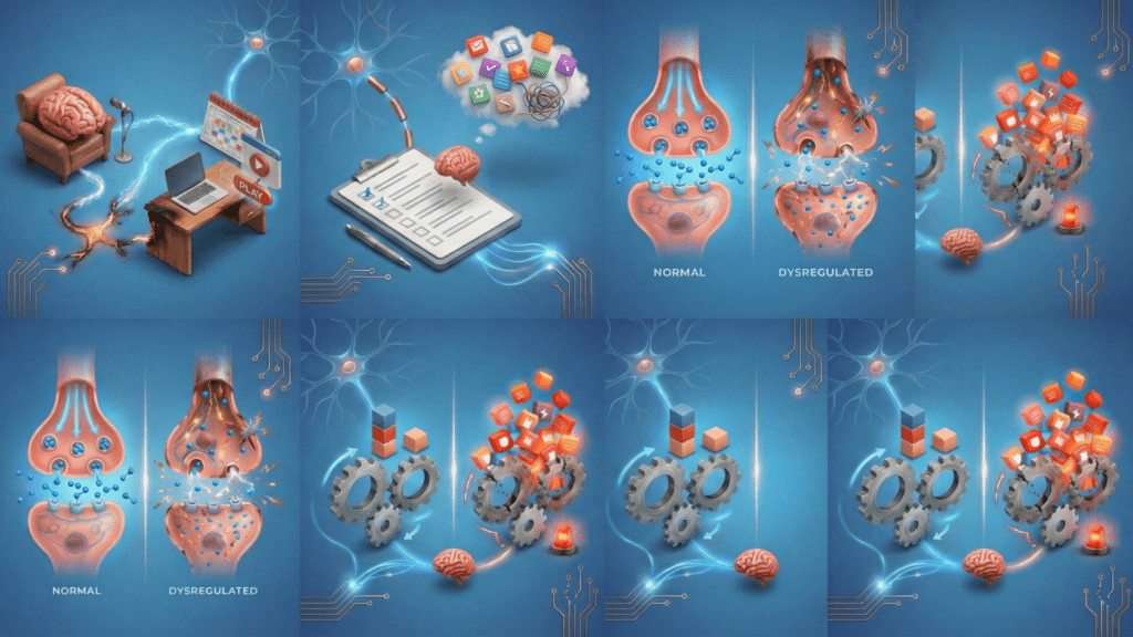 This comprehensive infographic demonstrates brain mechanisms, executive function, dopamine regulation, emotional processing, task initiation, and system mismatches that necessitate neurodivergent coaching.