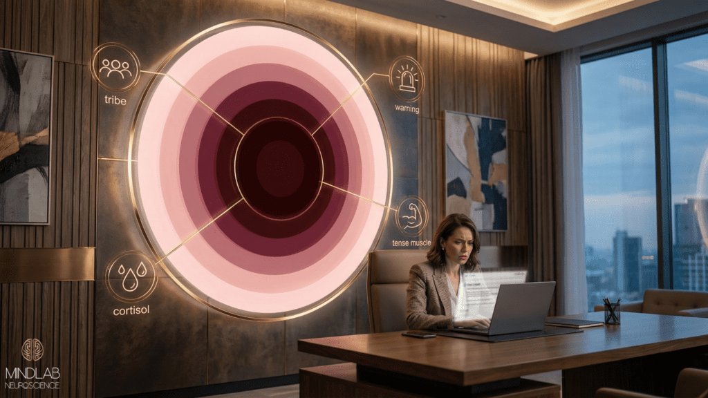 Executive reads email as an exile-alarm graphic glows behind her, depicting evolutionary neuroscience of self-hatred.