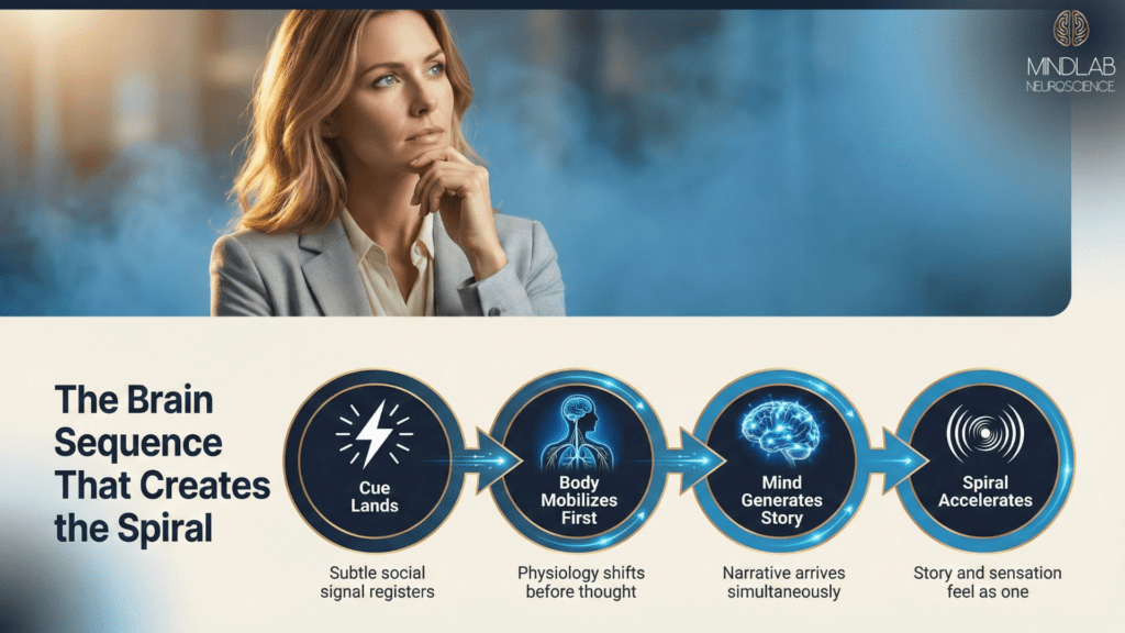Neuroscience infographic displaying four-stage brain activation sequence explaining Rejection Sensitive Dysphoria with neurological icons.
