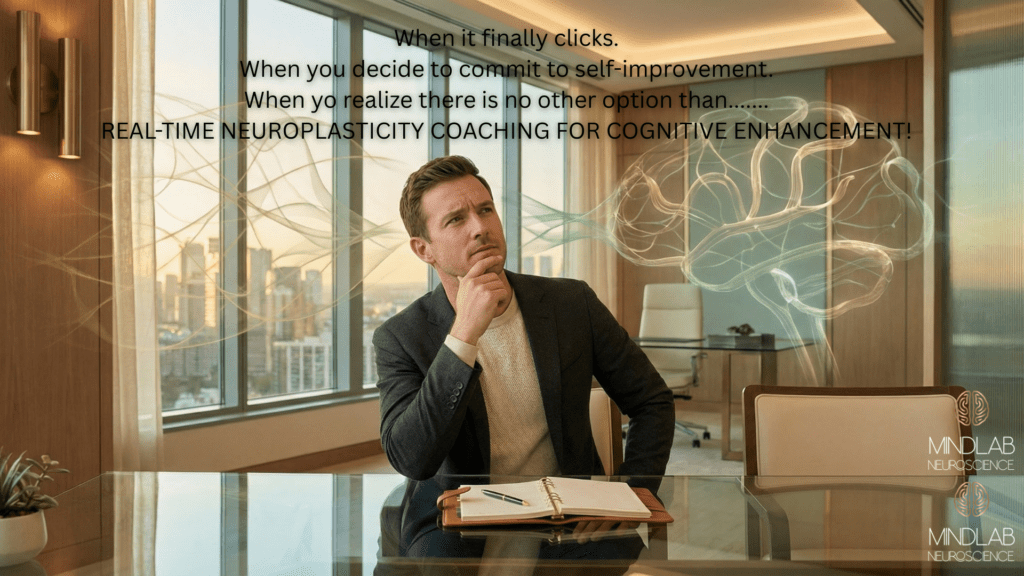 A professional executive in a dark blazer achieves cognitive enhancement through real-time neuroplasticity coaching with Dr. Sydney Ceruto, CEO of MindLAB Neuroscience.