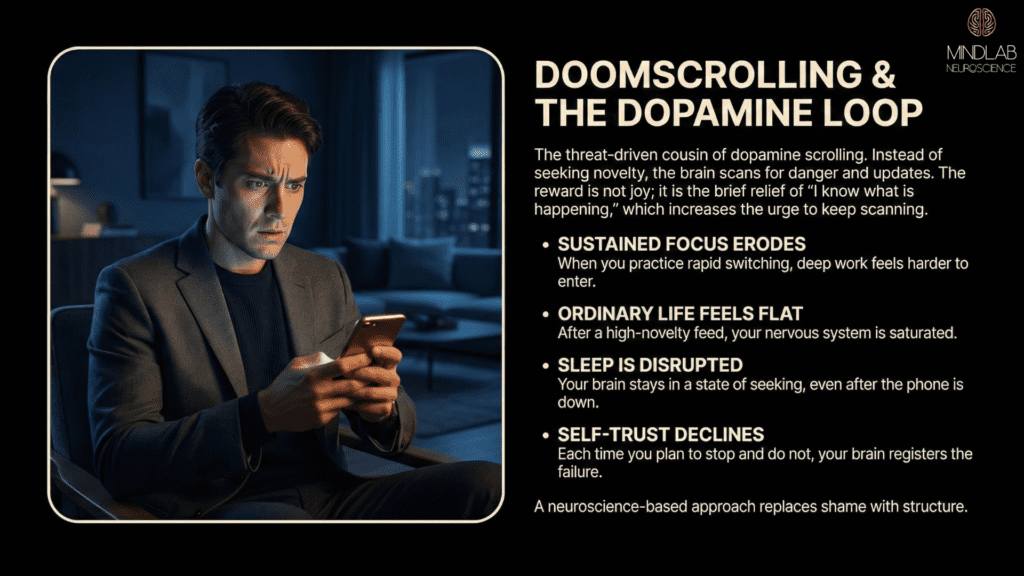 A man at night in a dim room looks at his phone with an anxious, worried expression, his face illuminated by a screen glow, representing a threat-driven doomscrolling pattern.