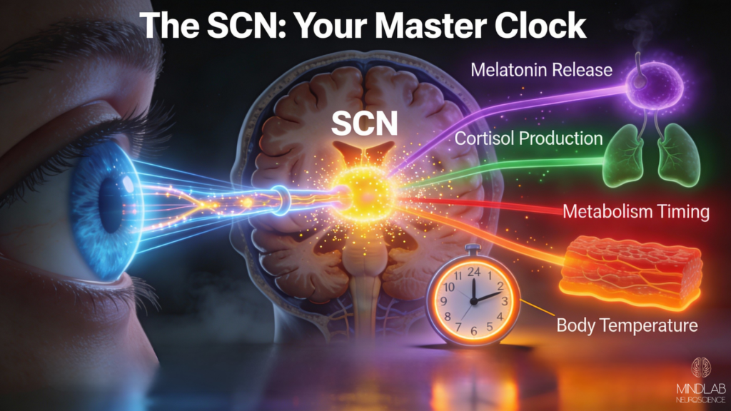 Suprachiasmatic nucleus SCN brain master clock regulates all body circadian health rhythms through light signals from your eyes