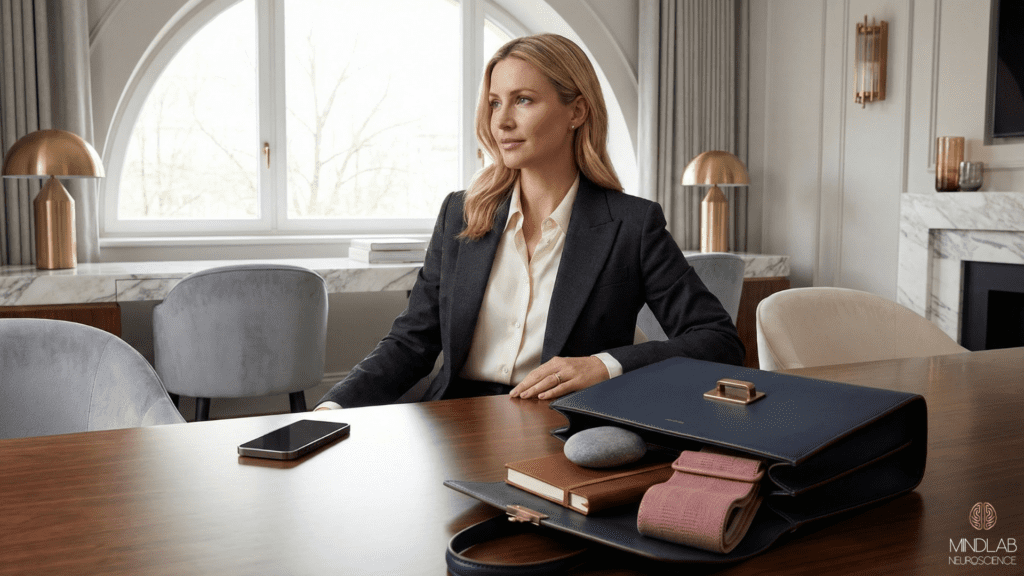 Professional woman with intentional analog bag containing journaling, tactile grounding tools, and minimal devices demonstrating digital boundaries and focused presence in clean workspace environment.