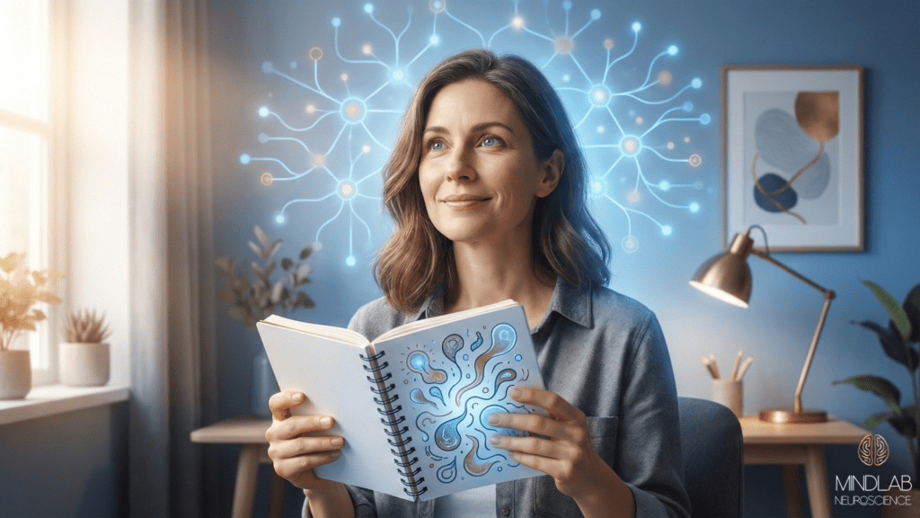 Woman with personalized neurodivergent coaching notebook featuring a neural network illustration symbolizing real-time neuroplasticity brain transformation.