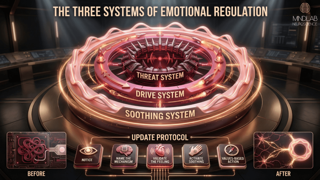 Three emotional regulation systems infographic explains evolutionary neuroscience of self-hatred and the updated protocol.