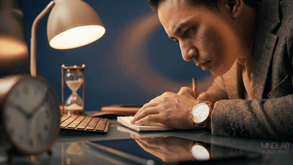 Man at desk focused on writing with hourglass and clock symbolizing time optimism, productivity, and time management awareness during focused work.