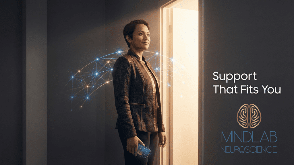 Woman with neural network showing neurodivergent coaching support and Real-Time Neuroplasticity transformation stepping toward breakthrough and personalized support.