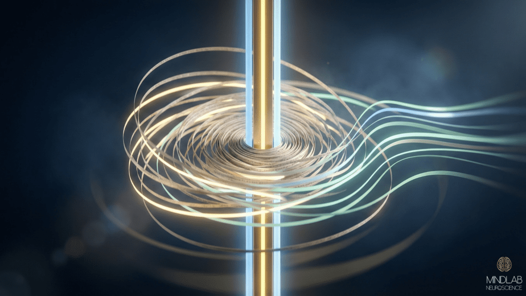 Abstract visualization of an anxious brain transforming into calm, with swirling light ribbons around a central glowing column representing focused attention and nervous system regulation.