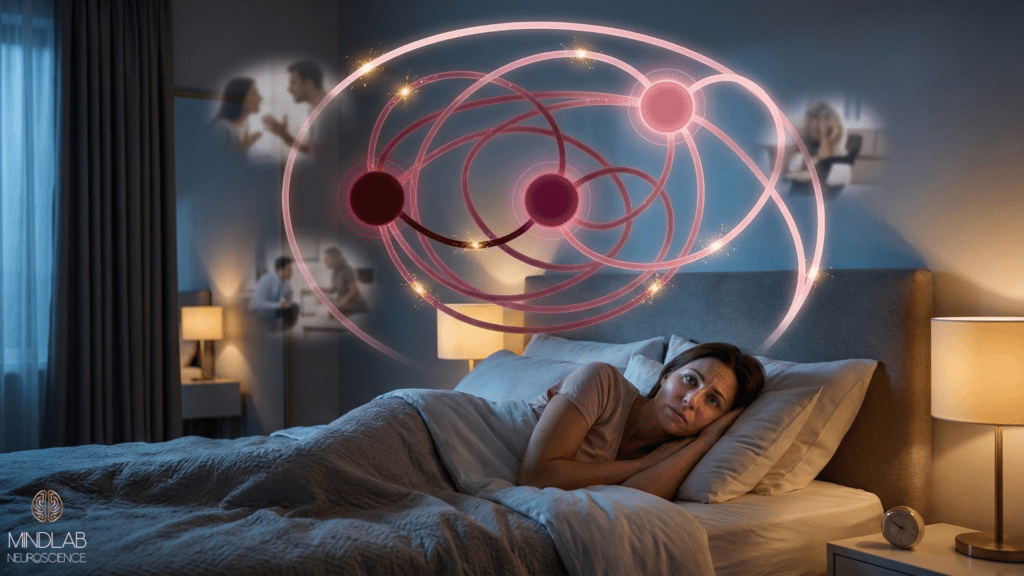 Woman awake in bed under looping rumination graphic, showing evolutionary neuroscience of self-hatred at night.