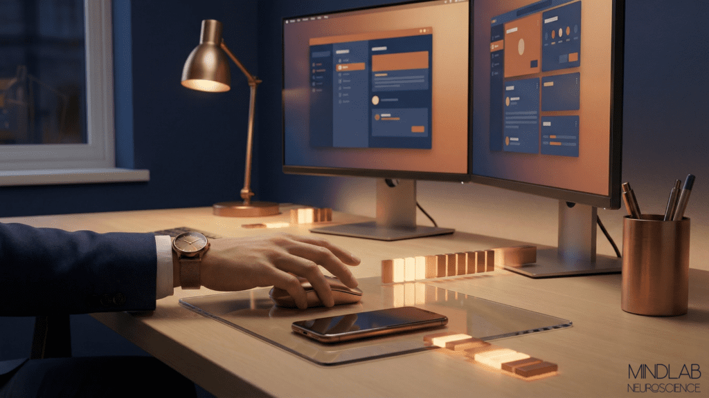 Professional workspace with dual monitors, watch on wrist, dashboard analytics, and wooden time-tracking blocks representing time blindness visibility solution.