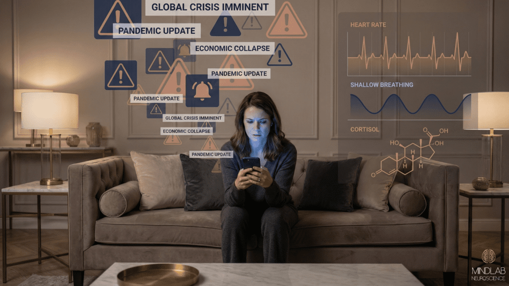 Woman experiencing digital exhaustion and anxiety from crisis notifications, showing elevated heart rate, shallow breathing, and cortisol stress hormone activation from chronic information overwhelm.