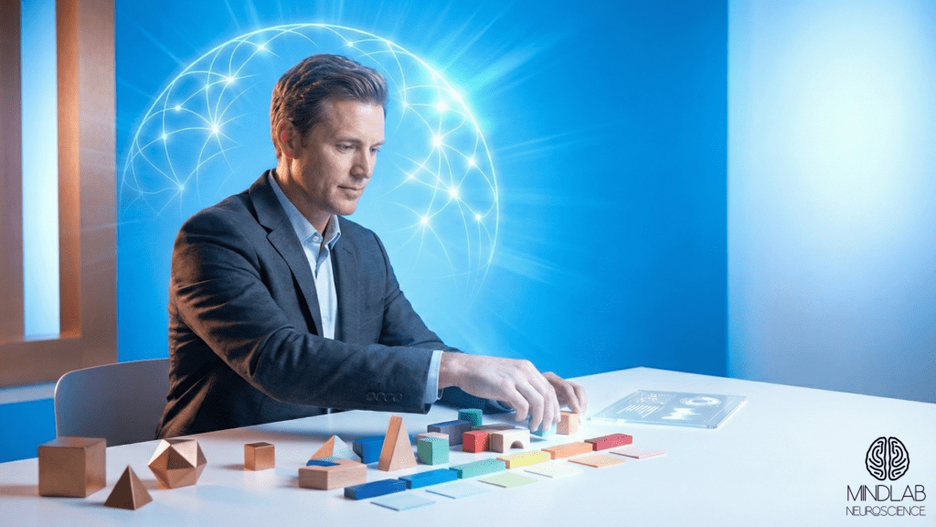 Man engaged with colorful geometric shapes representing executive function optimization through Real-Time Neuroplasticity Coaching for neurodivergent coaching.