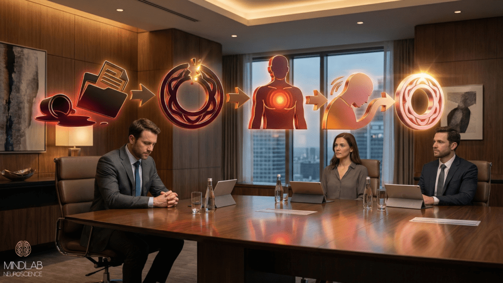 Boardroom scene with shame-response icons mapping the evolutionary neuroscience of self-hatred from mistake to reintegration.