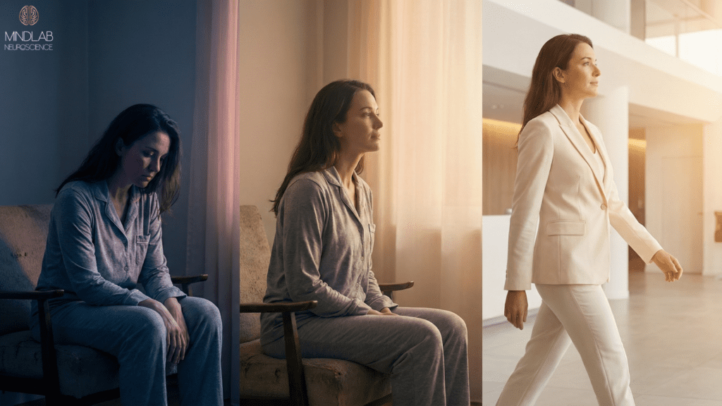 Woman emerging through light representing real-time neuroplasticity transformation Real-time neuroplasticity transforms consciousness.