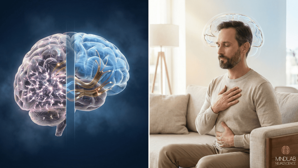 Split-screen image showing an anxious brain filled with chaotic sparks beside a calm, rewired brain, next to a seated man using hand-on-chest breathing to regulate anxiety.