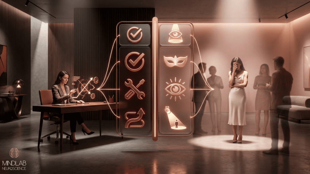 Dual-panel scene with action vs identity icons and a spotlighted woman, showing evolutionary neuroscience of self-hatred.