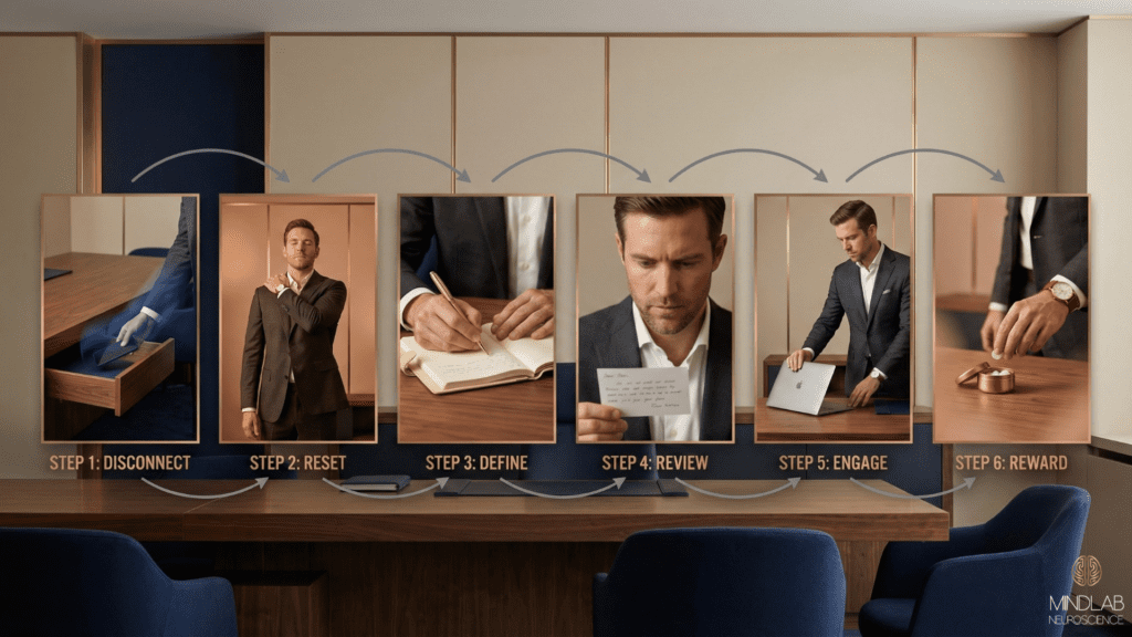 Professional man using protected focus blocks with message windows and re-entry ramps throughout his day, demonstrating structured deep work and digital boundaries for sustained attention.