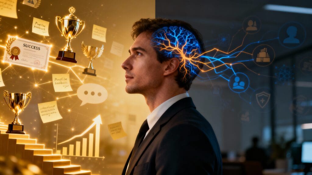 Professional man surrounded by success and achievements while discounting them through active neural pathways of self-criticism and doubt.