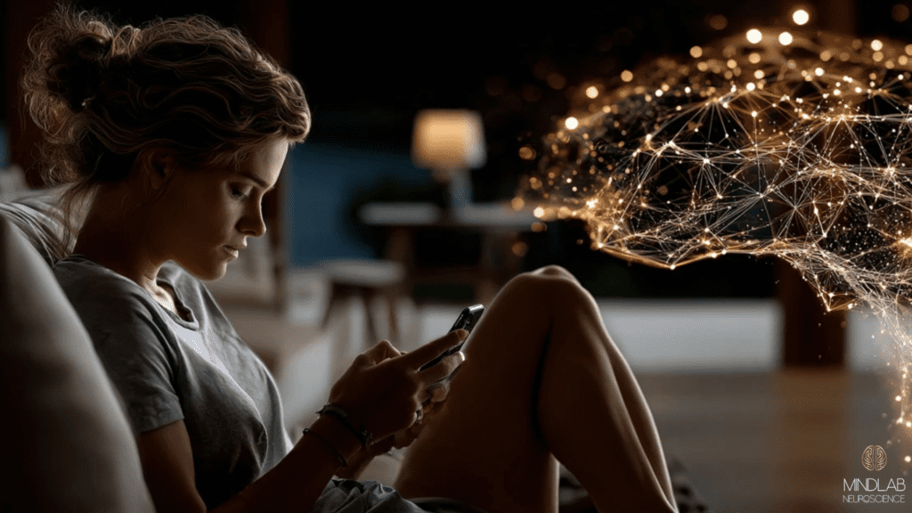 Woman sitting in the dark with phone, her anxious brain visualized as a glowing neural network of golden connections extending beside her in the room.